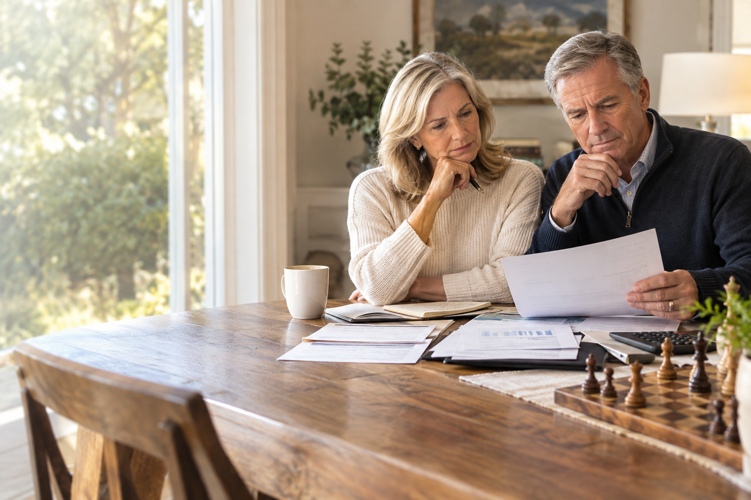 A retired couple reviewing financial documents together